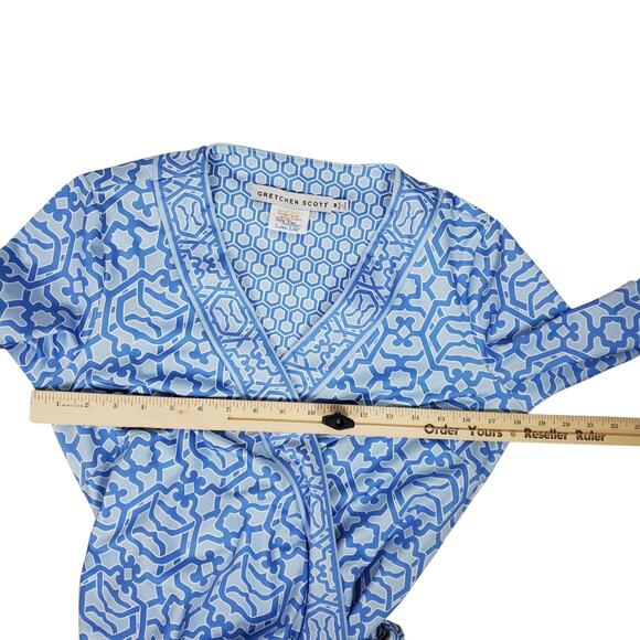 Gretchen Scott Wrap Me Up Dress 3/4 Sleeve Stretch Size M Blue Jersey Geo Print - Picture 14 of 14